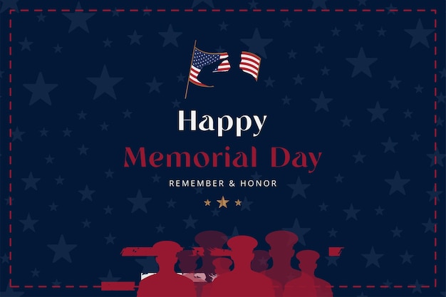 Happy memorial day Greeting card with flag and silhouette of soldiers National American holiday event Flat Vector illustration EPS10