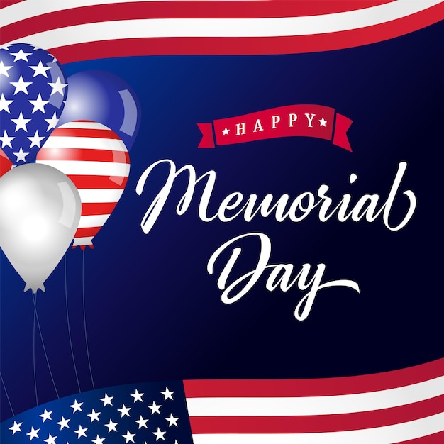 Happy Memorial Day lettering american balloons with flag background Memorial Day USA square icon