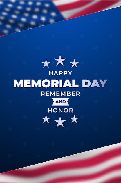 Happy Memorial Day poster with text and blurred american flag