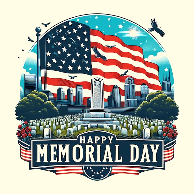 Happy memorial day Tshirts vector illustration With flowers and a flag near the grave