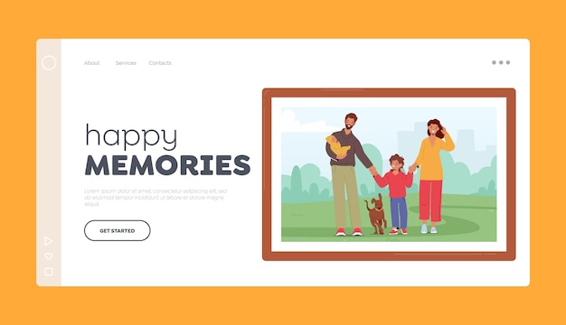 Happy Memories Landing Page Template Family Photo in Frame with Children Parents And Pet Characters Enjoying Walk