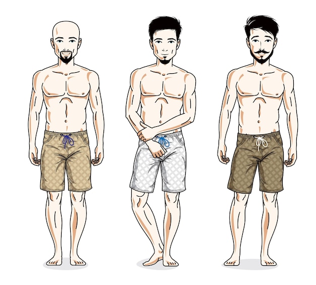 Happy men posing with perfect body, wearing beach shorts. Vector diverse people illustrations set. Lifestyle theme male characters.