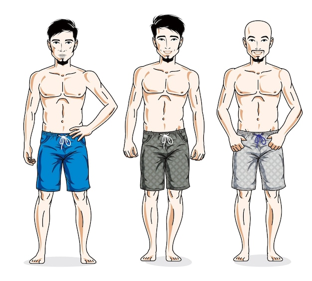 Happy men standing in colorful beach shorts. Vector different people characters set.