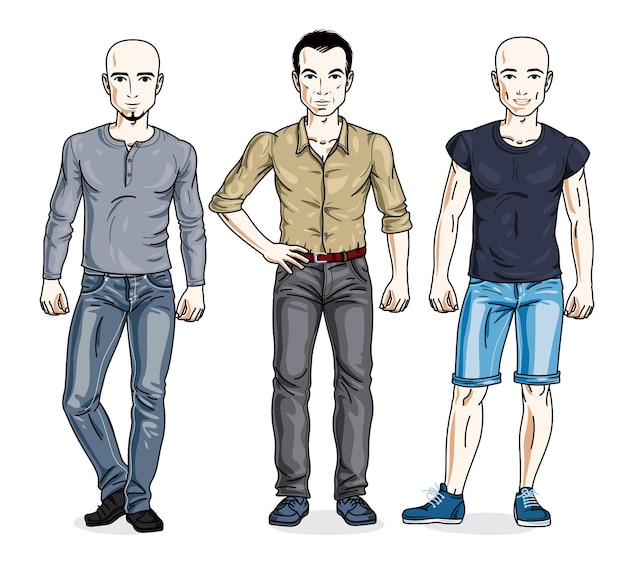 Happy men standing in stylish casual clothes. Vector set of beautiful people illustrations.