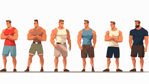 Vector happy men standing with athletic body on beach