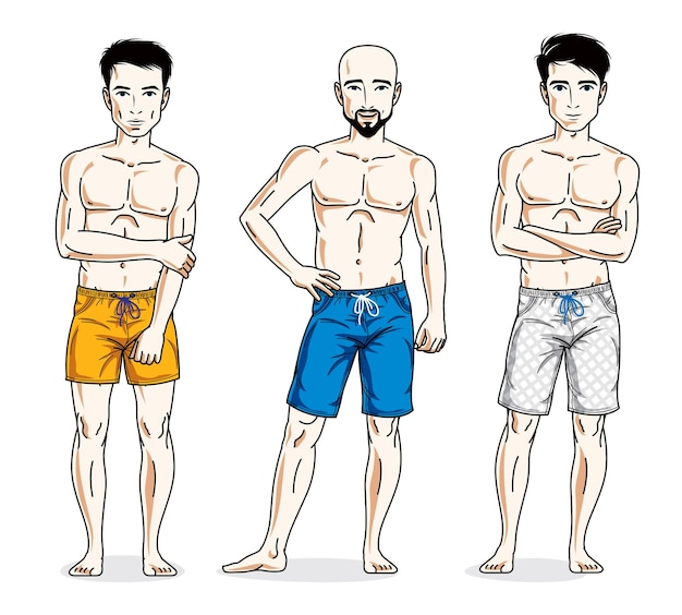 Happy men standing with athletic body, wearing beach shorts. Vector different people characters set. Lifestyle theme male characters.