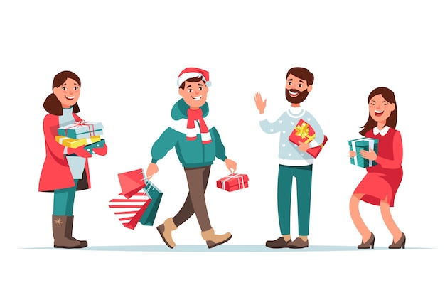 Happy men and women doing Christmas shopping and give presents isolated