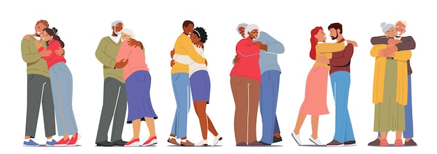 Happy Men and Women Embracing and Hugging Loving Aged and Young Couples Hug Romantic Relations Concept Male Female Characters Dating Love Connection Romance Cartoon People Vector Illustration