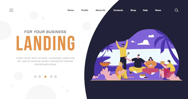 Happy men and women having picnic on beach landing page