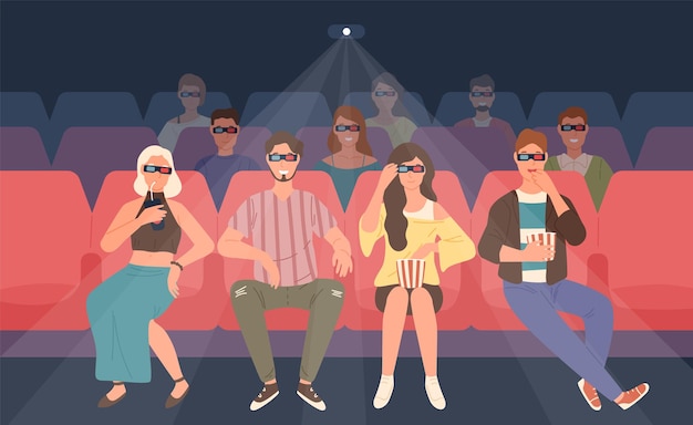 Happy men and women sitting in chairs at three-dimensional movie theater. Colorful  illustration in flat cartoon style.