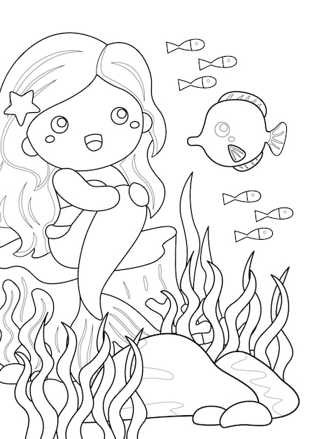 Happy mermaid coloring for Kids and Adult