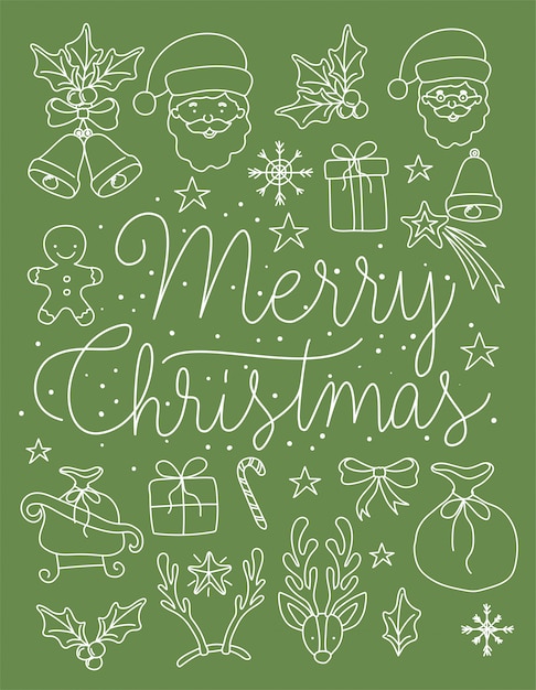 Happy merry christmas card with calligraphy font and set icons