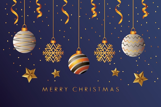 Happy merry christmas card with golden balls hanging illustration