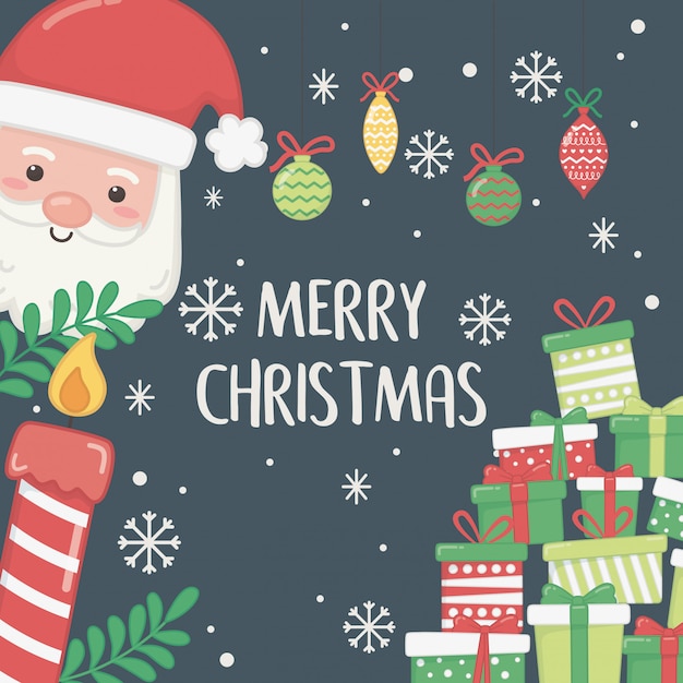 Happy merry christmas card with santa claus and gifts