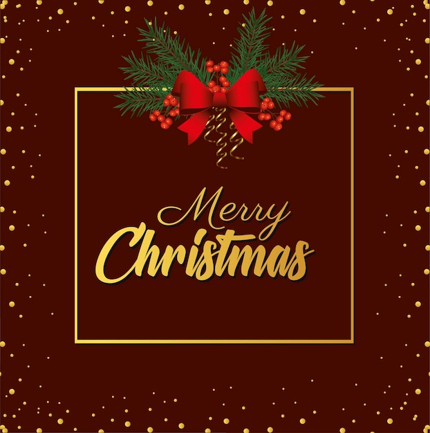 Happy merry christmas golden lettering with bow in square frame illustration