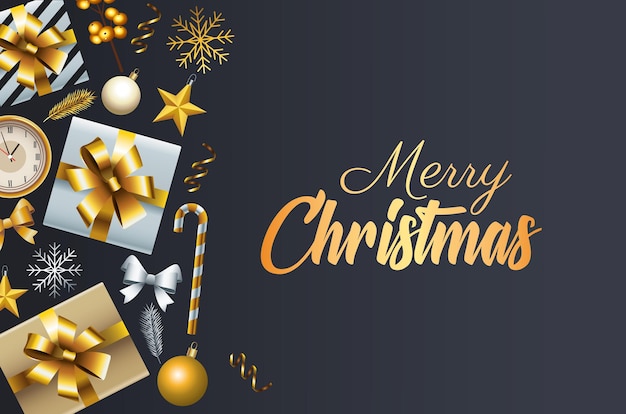 Happy merry christmas golden lettering with gifts and decorative icons illustration