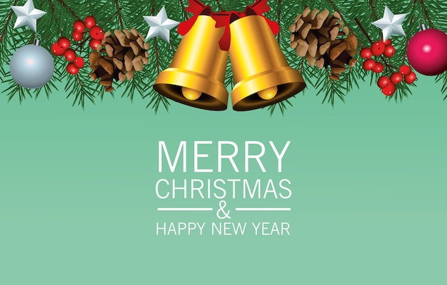 Happy merry christmas lettering card with golden bells and leafs