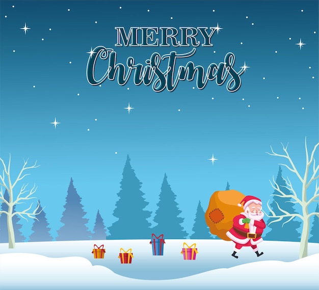 Happy merry christmas lettering card with santa lifting gifts bag illustration