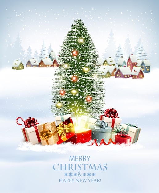 Happy Merry Christmas and New Year holiday background with presents, christmas tree and and winter village. Vector.