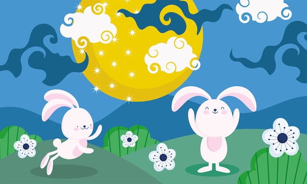 Happy mid autumn festival, bunnies moon flowers landscape, blessings and happiness