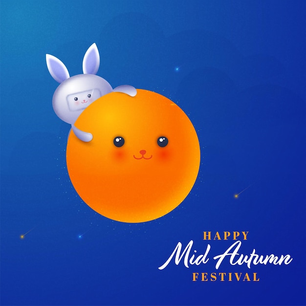 Happy Mid Autumn Festival Celebration Concept with Astronaut Bunny or Rabbit Conquer Smiley Full Moon on Blue Night Background