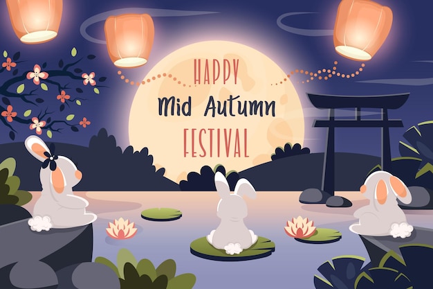 Happy Mid-Autumn Festival. Cute cartoon rabbits looking at moon and Chinese lanterns. Vector