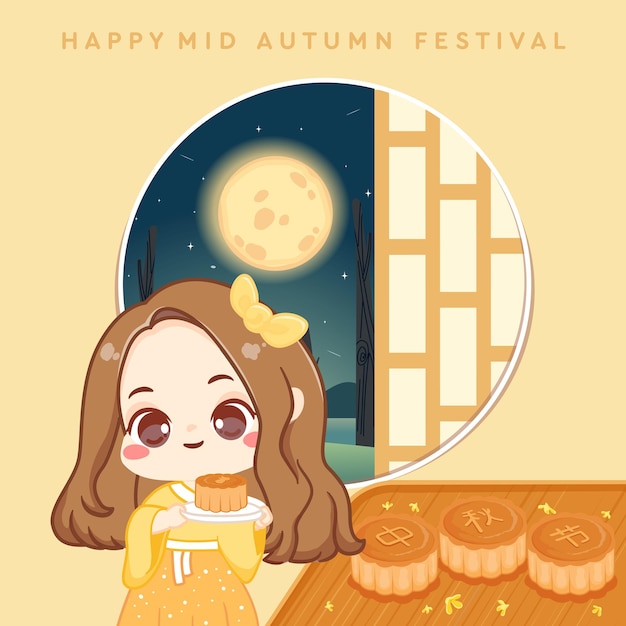 Happy mid autumn festival poster with cute traditional girl wear hanbok and mooncake