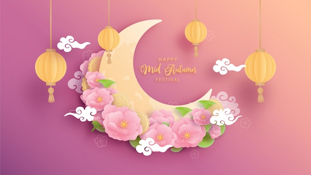 Happy Mid Autumn festival with beautiful lotus and bunny, half moon.