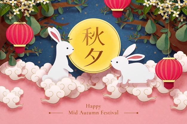 Happy mid autumn festival with two rabbits looking at each other upon the cloud