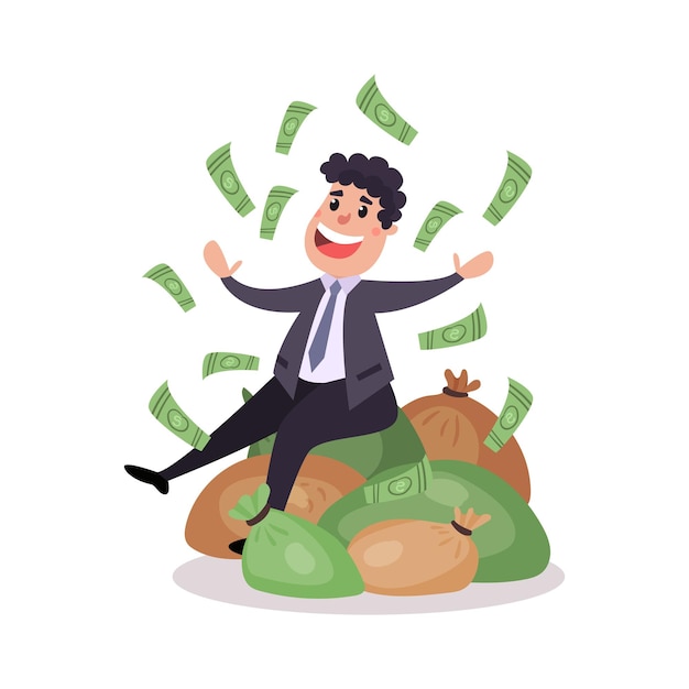 Happy millionaire character sitting on a pile of money bags, money flying around him colorful vector Illustration on a white background