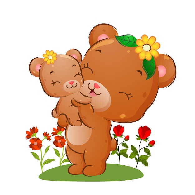 The happy mommy bear is lifting her baby in the flowers garden of illustration