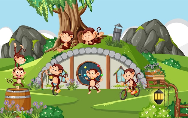 Happy monkey family in the forest