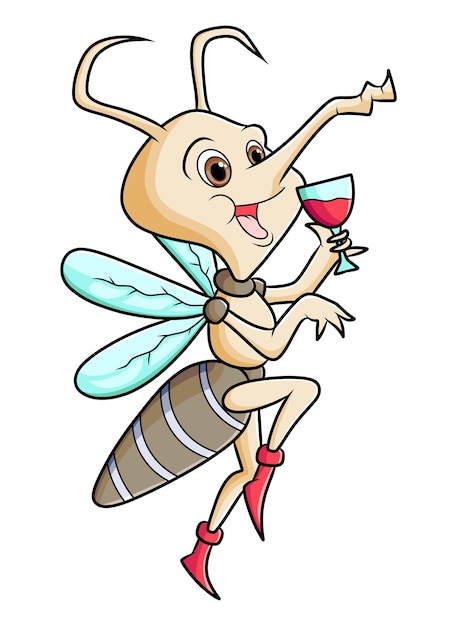 The happy mosquito is drinking a glass of blood of illustration