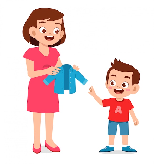 Happy mother buy clothes for her kid