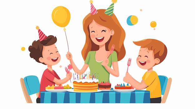 Happy Mother and Children Celebrating Birthday Together