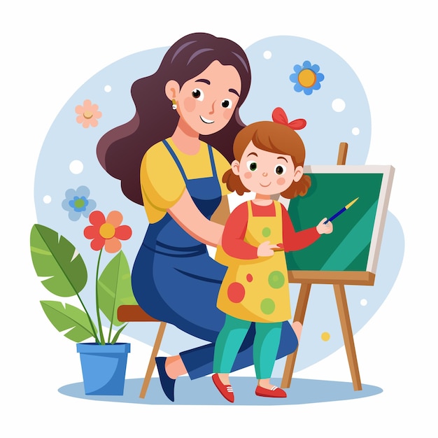 Vector a happy mother and daughter paint together in an art studio a lovely design of a mother and child painting together at an easel