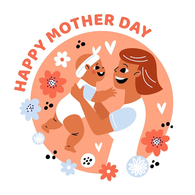 Happy Mother Day Mom with newborn baby on arms Smiling parent holds infant Joy of motherhood Family portrait Gentle tones and beautiful flowers Holiday card Garish vector concept