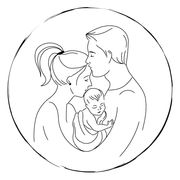 Happy mother and father holding newborn baby outline vector illustrationYoung healthy family