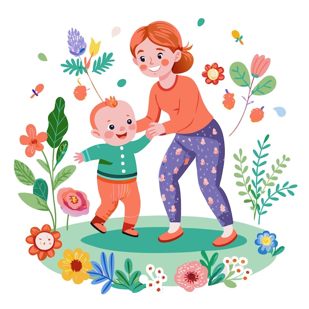 A happy mother helps her toddler take his first steps in a beautiful garden full of vibrant flowers