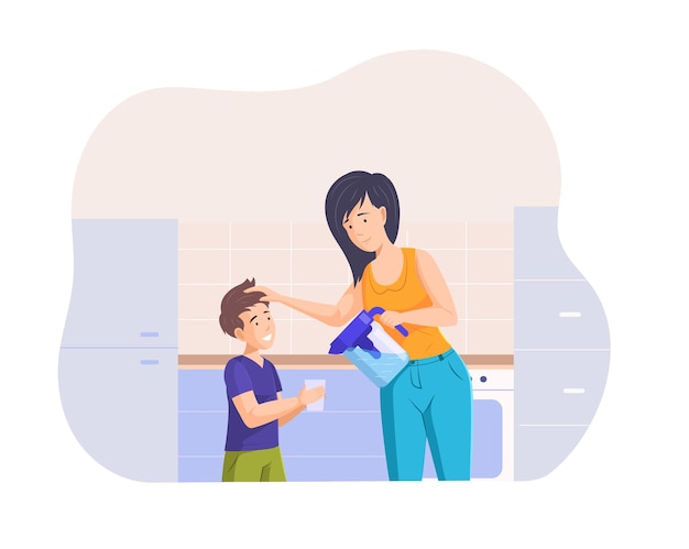 Happy mother pouring fresh water to son from portable cooler jug at kitchen