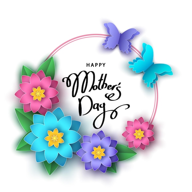 Happy mother's day banner template with abstract paper cut flowers butterflies lettering Summer or spring season floral colorful background for greeting card poster sale advertisement Vector