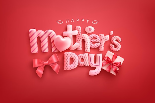 Happy Mother's Day card with cute font, sweet hearts and gift box on red background