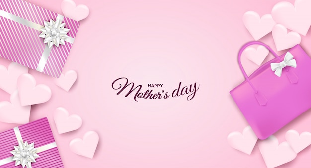 Happy Mother's day. Design with gift box, bag and heart