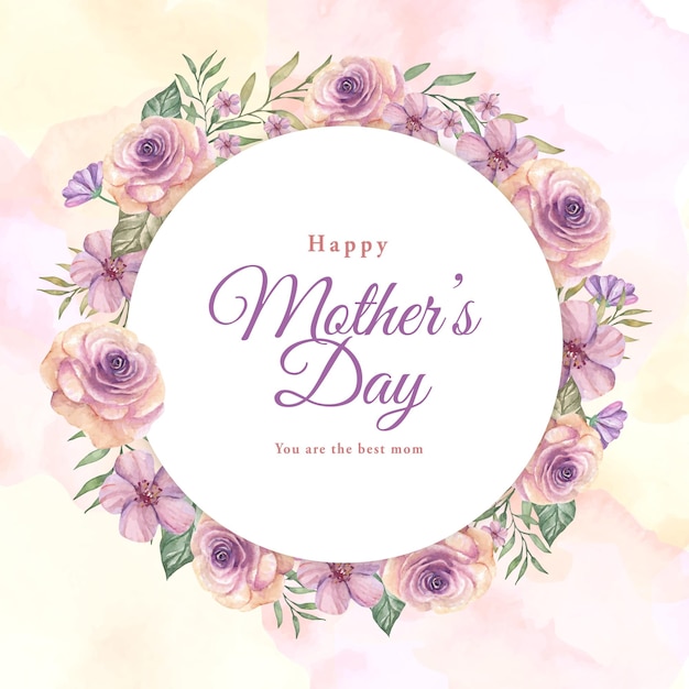 Happy mother's day greeting card on circle frame with watercolor pink flowers