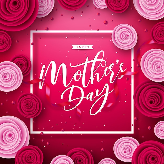 Happy Mother's Day Greeting Card Design with Rose Flower and Typography Letter on Red Background