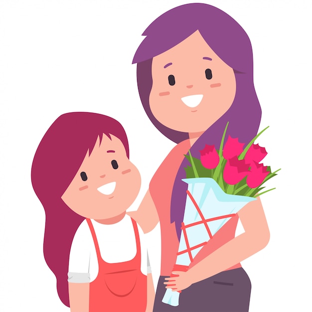 Happy Mother's day image with mom, daughter and bouquet of flowers.