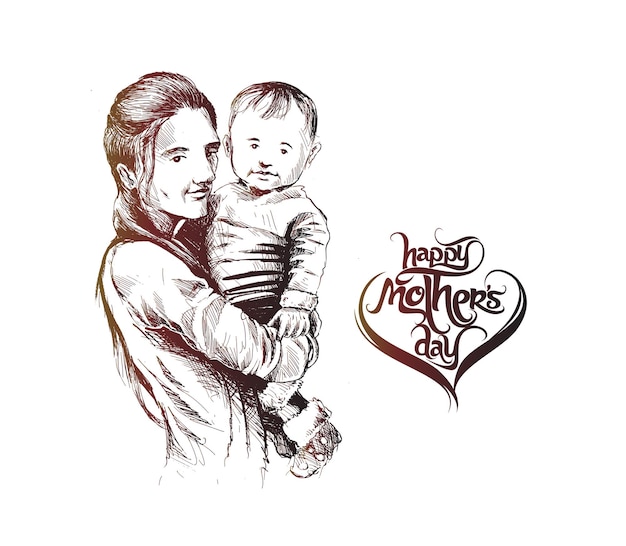 Happy Mother's Day Loving Family Mother and Child Sketch Design