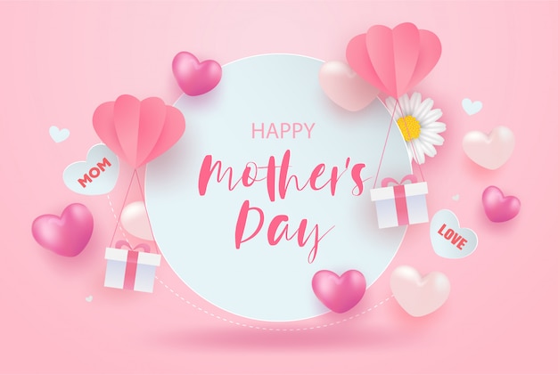 Happy mother's day sale banner design with realistic flowers , gift boxes and hearts on pink.