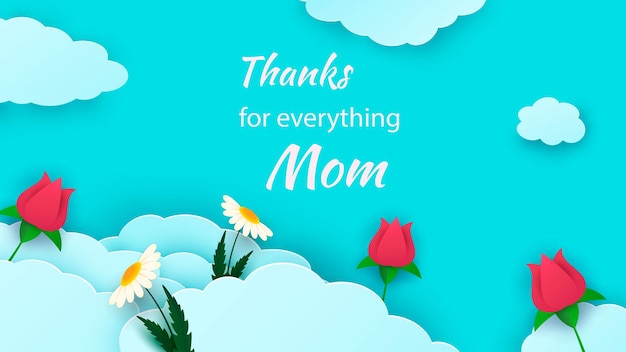 Happy Mother s Day sale header or voucher template Roses daisies and papercut clouds Horizontal banner with blue sky and flowers Congratulatory text Vector