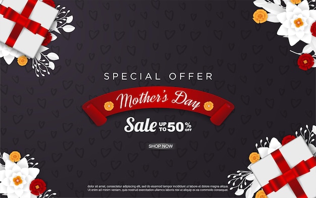 Vector happy mother's day sale with realistic gift box and floral